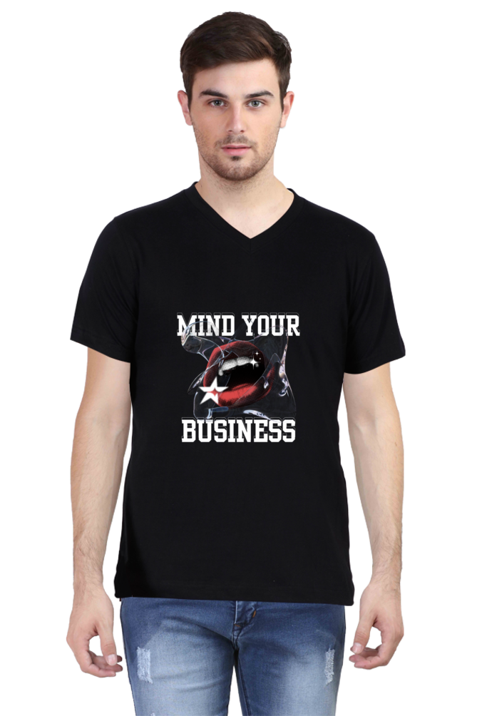 V-Neck T-shirt featuring the bold statement "Mind Your Business"