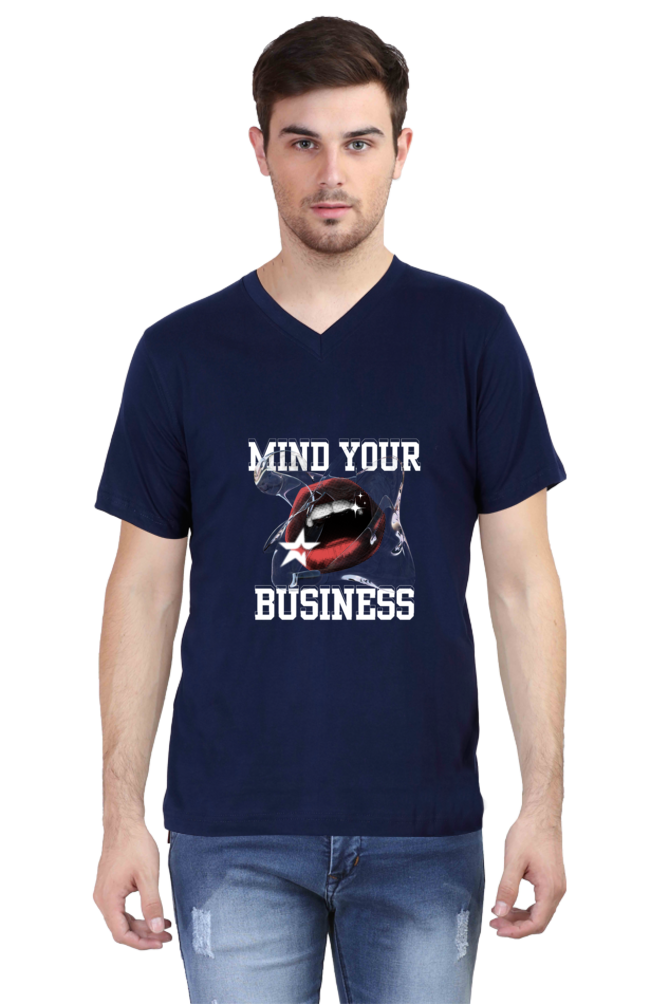 V-Neck T-shirt featuring the bold statement "Mind Your Business"